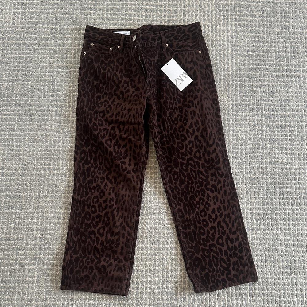 Zara Dark Brown and Black Leopard Print Straight Jeans